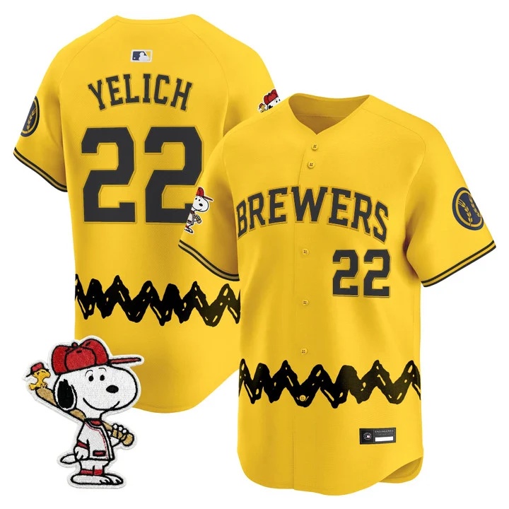 Men's Milwaukee Brewers x Peanuts Vapor Premier Limited Jersey GOLD#22 CHRISTIAN YELICH