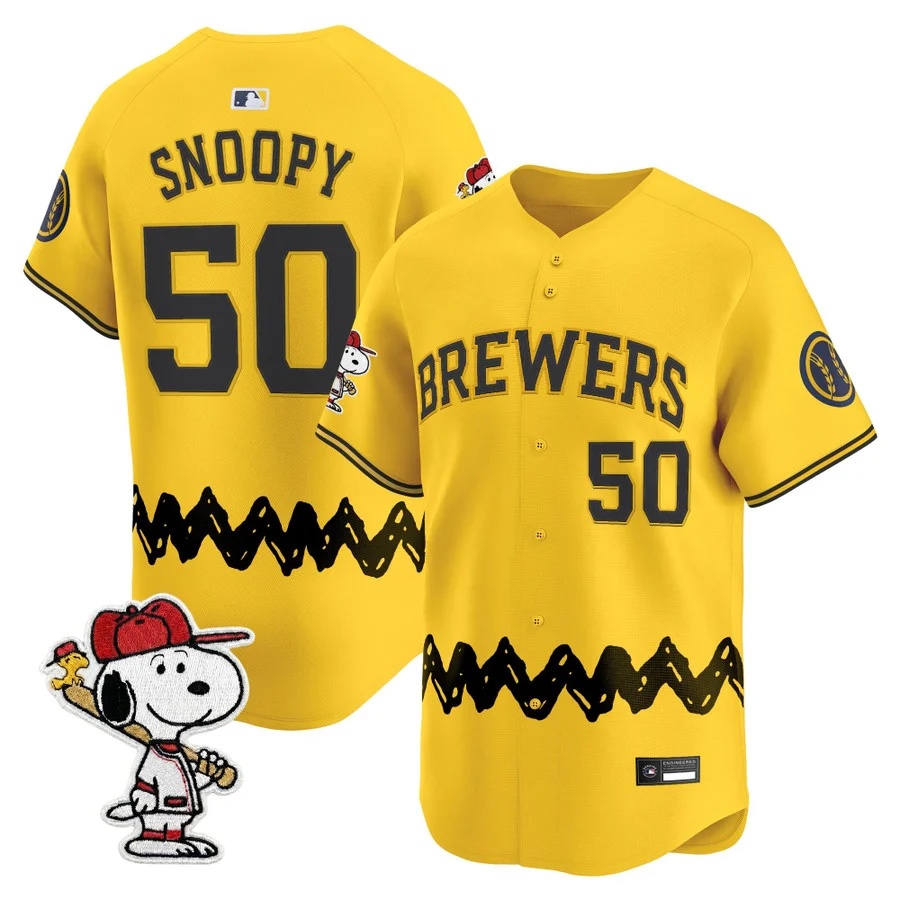 Men's Milwaukee Brewers x Peanuts Vapor Premier Limited Jersey GOLD#50 SNOOPY