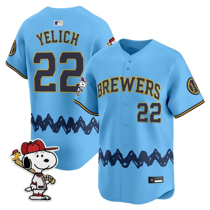 Men's Milwaukee Brewers x Peanuts Vapor Premier Limited Jersey LIGHT BLUE#22 CHRISTIAN YELICH