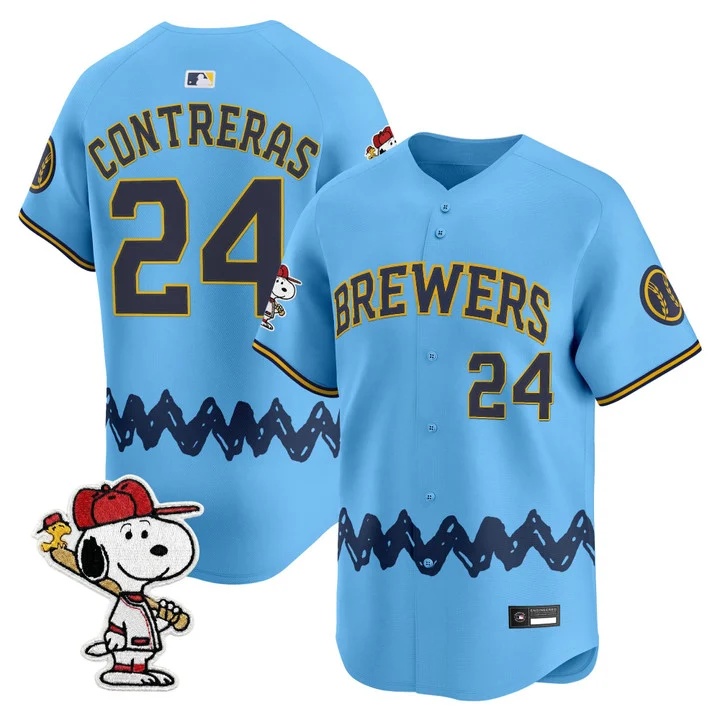 Men's Milwaukee Brewers x Peanuts Vapor Premier Limited Jersey LIGHT BLUE#24 WILLIAM CONTRERAS