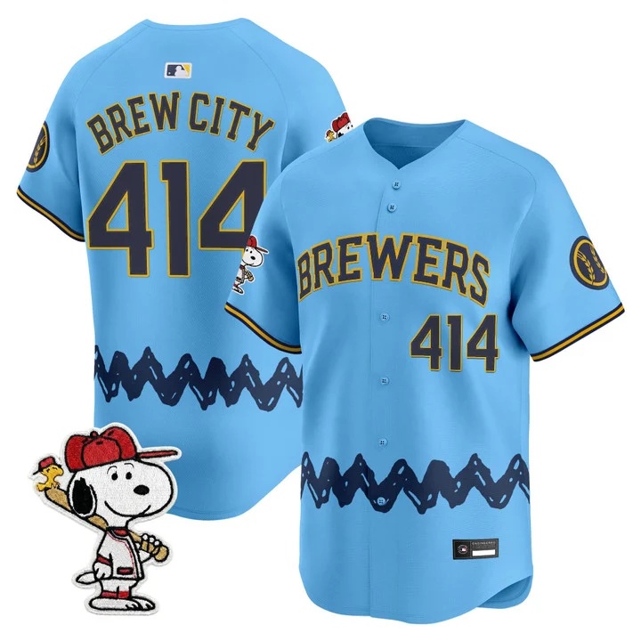 Men's Milwaukee Brewers x Peanuts Vapor Premier Limited Jersey LIGHT BLUE#414 BREW CITY