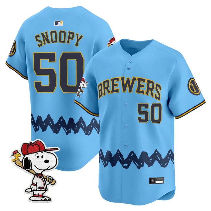 Men's Milwaukee Brewers x Peanuts Vapor Premier Limited Jersey LIGHT BLUE#50 SNOOPY