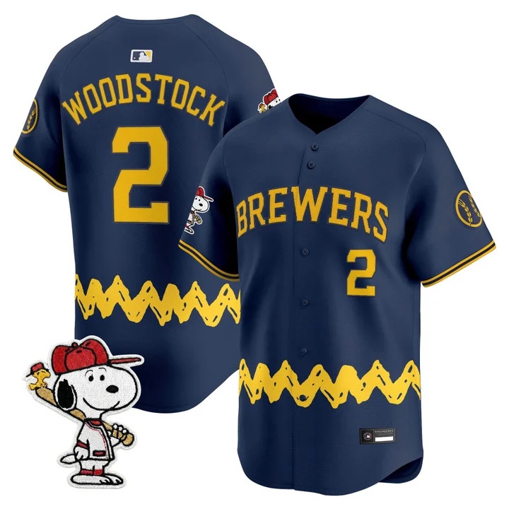 Men's Milwaukee Brewers x Peanuts Vapor Premier Limited Jersey NAVY#2 WOODSTOCK