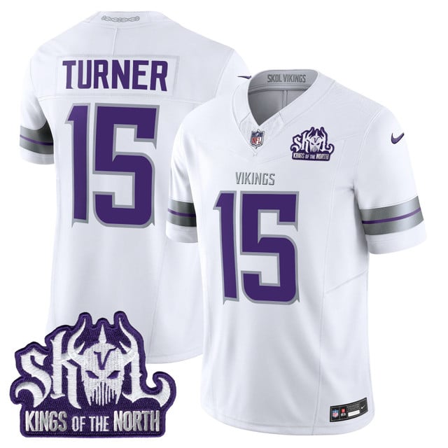 Men's Minnesota Vikings 2025 Winter Warrior Skol Patch Vapor Limited Jersey white #15 Dallas Turner