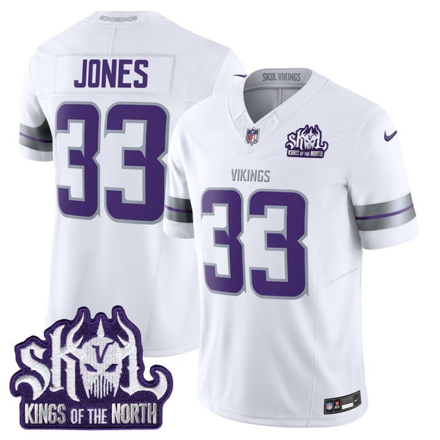 Men's Minnesota Vikings 2025 Winter Warrior Skol Patch Vapor Limited Jersey white #33 Aaron Jones