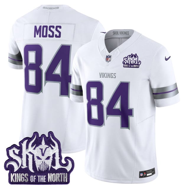 Men's Minnesota Vikings 2025 Winter Warrior Skol Patch Vapor Limited Jersey white #84 Randy Moss