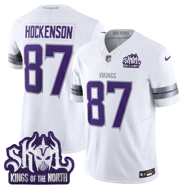 Men's Minnesota Vikings 2025 Winter Warrior Skol Patch Vapor Limited Jersey white #87 T.J. Hockenson