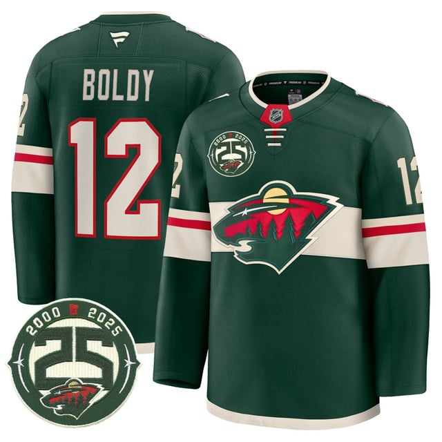 Men's Minnesota Wild 25th Anniversary Patch Premium Jersey GREEN#12 MATTHEW BOLDY