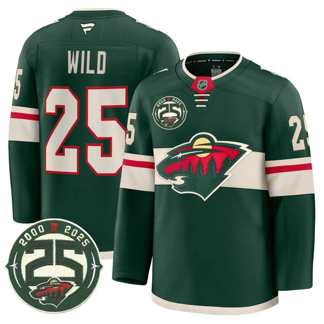 Men's Minnesota Wild 25th Anniversary Patch Premium Jersey GREEN#25 WILD