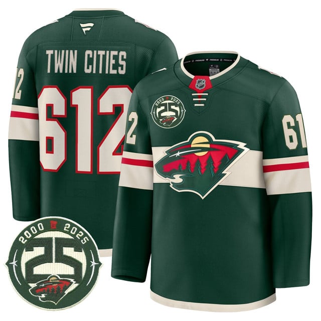 Men's Minnesota Wild 25th Anniversary Patch Premium Jersey GREEN#612 TWIN CITIES