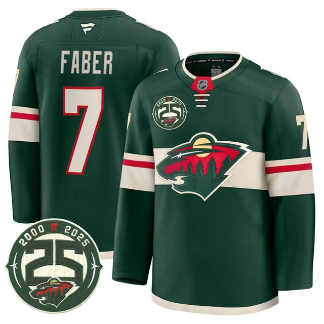 Men's Minnesota Wild 25th Anniversary Patch Premium Jersey GREEN#7 BROCK FABER