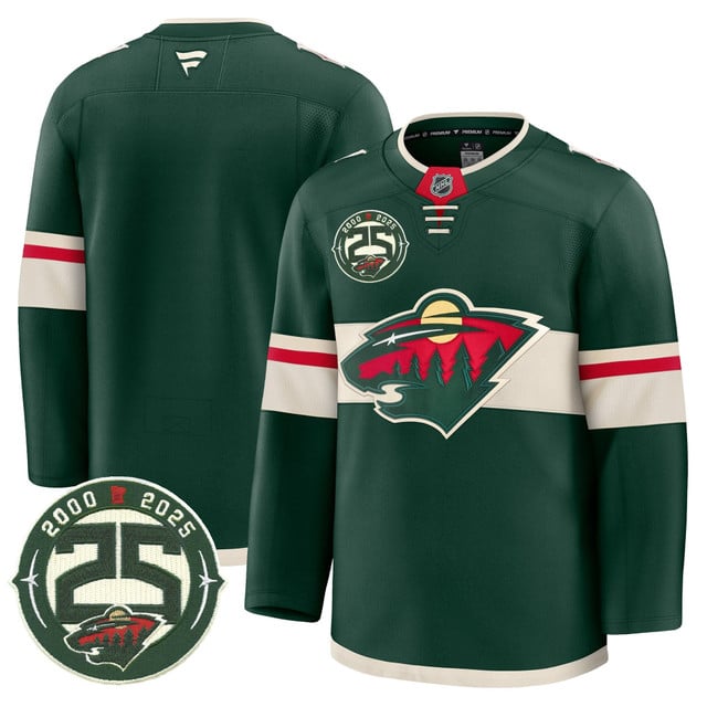 Men's Minnesota Wild 25th Anniversary Patch Premium Jersey GREEN BLANK