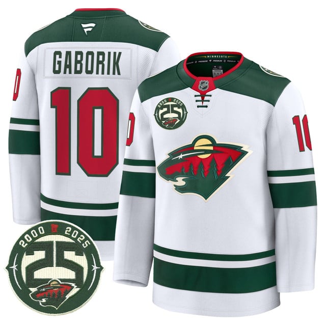 Men's Minnesota Wild 25th Anniversary Patch Premium Jersey WHITE#10 MARIAN GABORIK