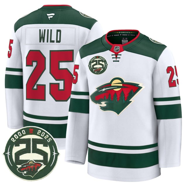 Men's Minnesota Wild 25th Anniversary Patch Premium Jersey WHITE#25 WILD