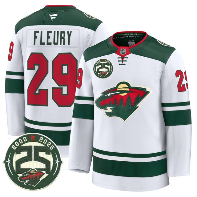 Men's Minnesota Wild 25th Anniversary Patch Premium Jersey WHITE#29 ANDRE FLEURY
