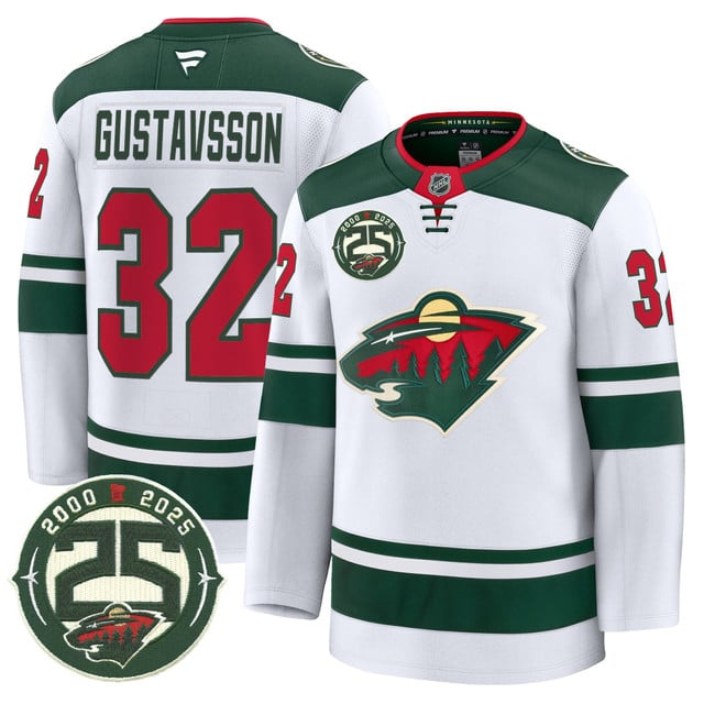 Men's Minnesota Wild 25th Anniversary Patch Premium Jersey WHITE#32 FILIP GUSTAVSSON