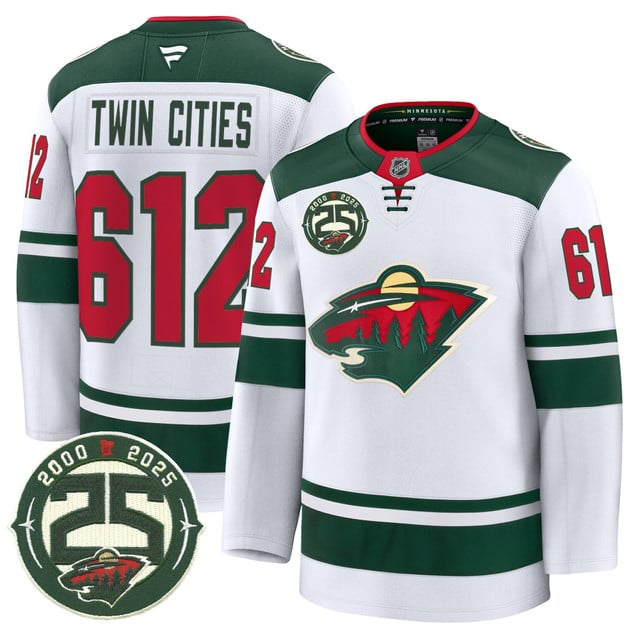 Men's Minnesota Wild 25th Anniversary Patch Premium Jersey WHITE#612 TWIN CITIES