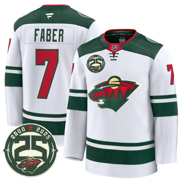 Men's Minnesota Wild 25th Anniversary Patch Premium Jersey WHITE#7 BROCK FABER