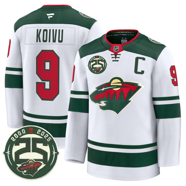 Men's Minnesota Wild 25th Anniversary Patch Premium Jersey WHITE#9 MIKKO KOIVU
