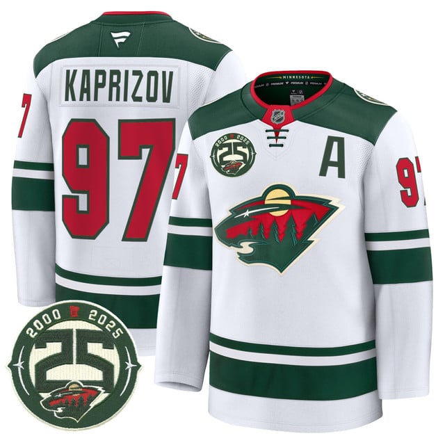 Men's Minnesota Wild 25th Anniversary Patch Premium Jersey WHITE#97 KIRILL KAPRIZOV