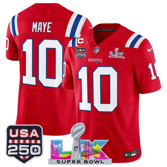 Men's New England Patriots #10 Drake Maye Red 2025 F.U.S.E. 1-Star C Patch And Super Bowl LX Patch & USA 250' Patch Vapor Limited Football Stitched Jersey