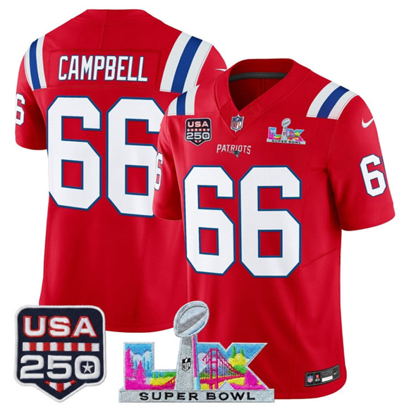Men's New England Patriots #66 Will Campbell Red 2025 F.U.S.E. Super Bowl LX Patch And USA 250' Patch Vapor Limited Football Stitched Jersey