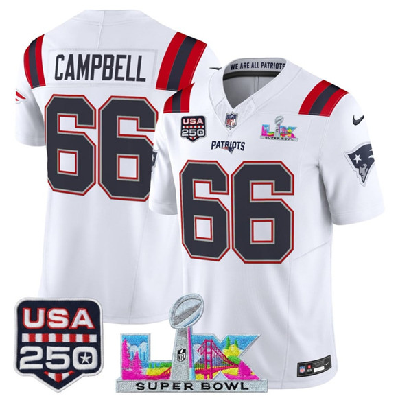 Men's New England Patriots #66 Will Campbell White 2025 F.U.S.E. Super Bowl LX Patch And USA 250' Patch Vapor Limited Football Stitched Jersey