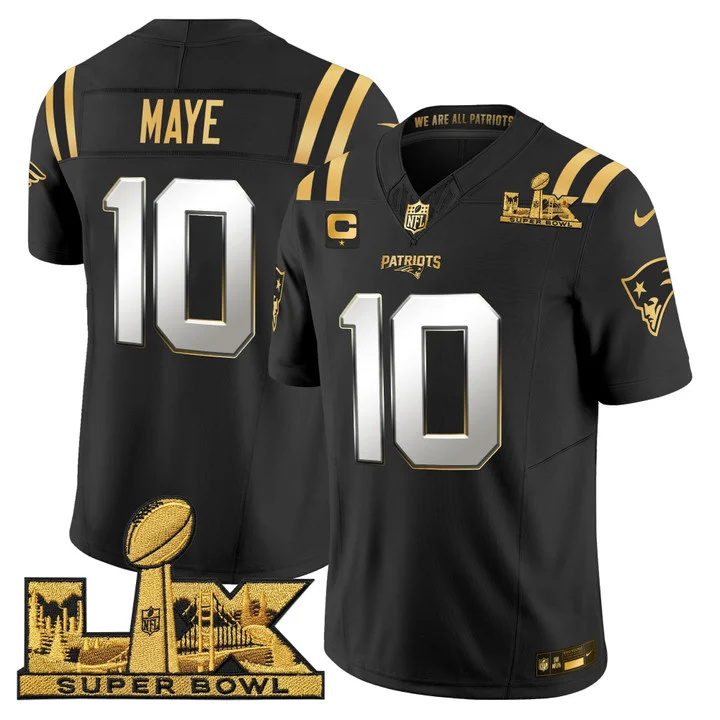 Men's New England Patriots Super Bowl LX Gold Vapor Limited Jersey BLACK LIMITED#10 DRAKE MAYE