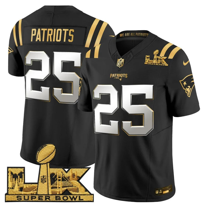 Men's New England Patriots Super Bowl LX Gold Vapor Limited Jersey BLACK LIMITED#25 PATRIOTS