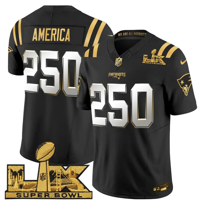 Men's New England Patriots Super Bowl LX Gold Vapor Limited Jersey BLACK LIMITED#250 AMERICA