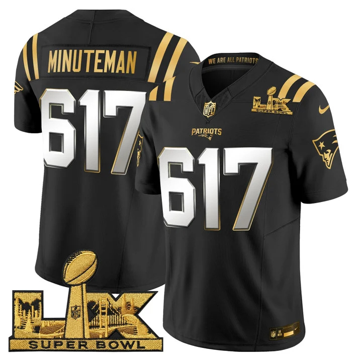 Men's New England Patriots Super Bowl LX Gold Vapor Limited Jersey BLACK LIMITED#617 MINUTEMAN