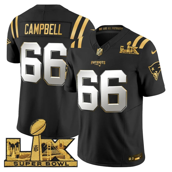 Men's New England Patriots Super Bowl LX Gold Vapor Limited Jersey BLACK LIMITED#66 WILL CAMPBELL
