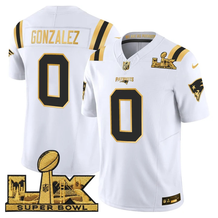 Men's New England Patriots Super Bowl LX Gold Vapor Limited Jersey WHITE GOLD#0  CHRISTIAN GONZALEZ