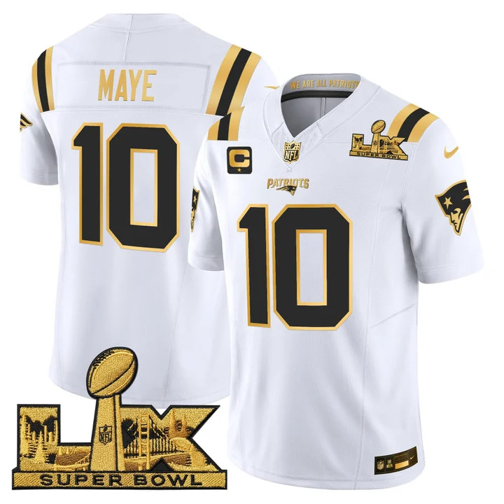 Men's New England Patriots Super Bowl LX Gold Vapor Limited Jersey WHITE GOLD#10 DRAKE MAYE