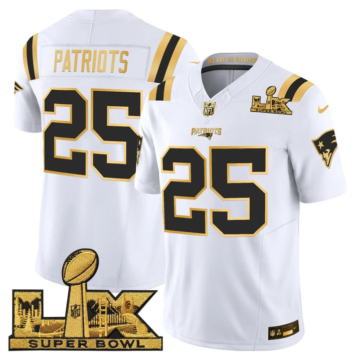Men's New England Patriots Super Bowl LX Gold Vapor Limited Jersey WHITE GOLD#25 PATRIOTS