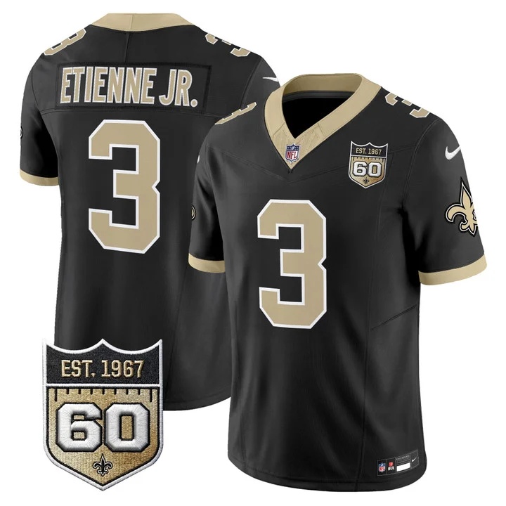Men's New Orleans Saints 60th Anniversary Patch Vapor Jersey - Gameday Golds Edition BLACK#3 TRAVIS ETEIENNE JR.