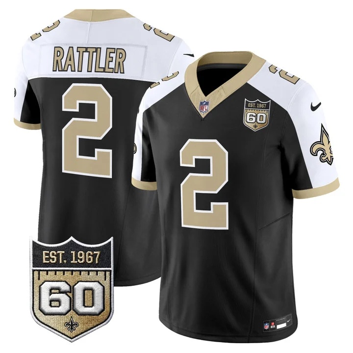 Men's New Orleans Saints 60th Anniversary Patch Vapor Jersey - Gameday Golds Edition BLACK ALTERNATE#2 SPENCER RATTLER
