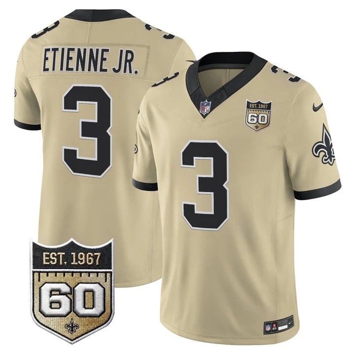 Men's New Orleans Saints 60th Anniversary Patch Vapor Jersey - Gameday Golds Edition GOLD#3 TRAVIS ETEIENNE JR.