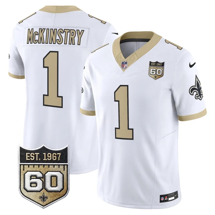 Men's New Orleans Saints 60th Anniversary Patch Vapor Jersey - Gameday Golds Edition WHITE#1 KOOL-AID MCKINSTRY