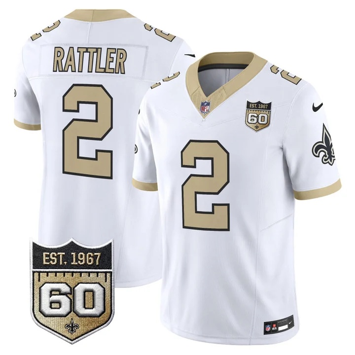 Men's New Orleans Saints 60th Anniversary Patch Vapor Jersey - Gameday Golds Edition WHITE#2 SPENCER RATTLER