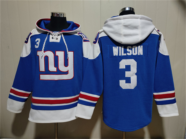 Men's New York Giants #3 Russell Wilson Blue Ageless Must-Have Lace-Up Pullover Hoodie