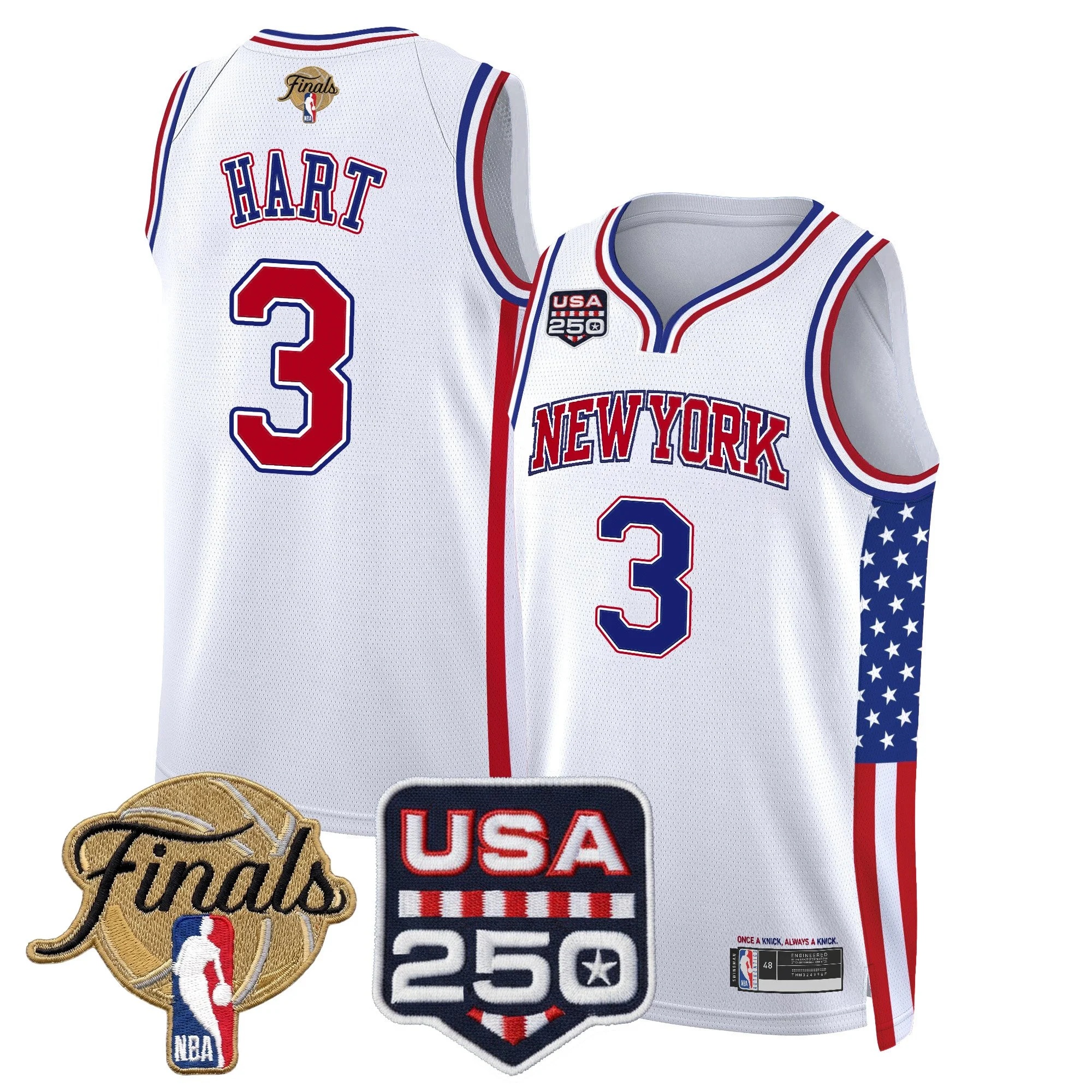 Men's New York Knicks America 250 Edition 2026 Finals patch Swingman Jersey WHITE#3 JOSH HART