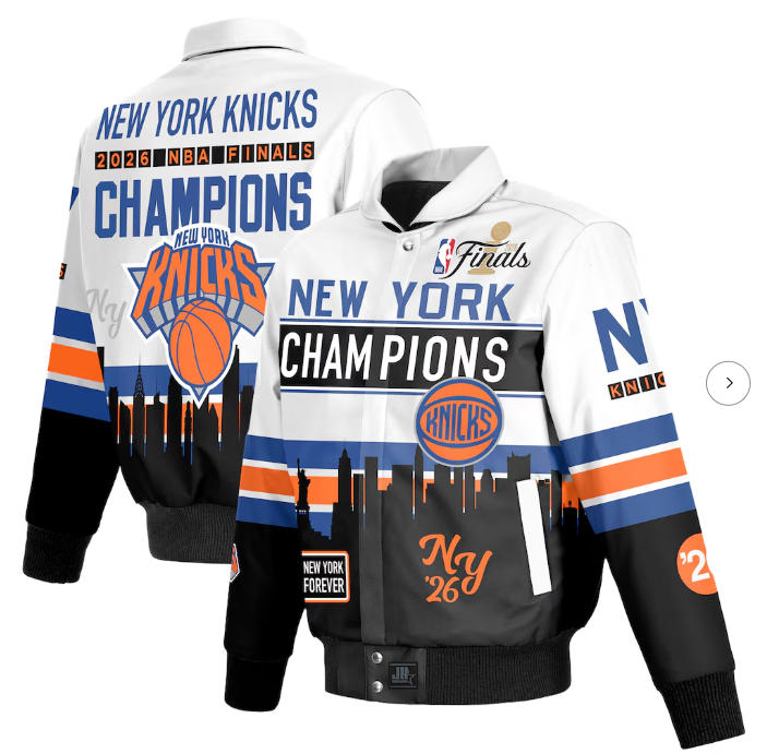 Men's New York Knicks JH Design White 2026 NBA Finals Champions Leather Full-Snap Jacket