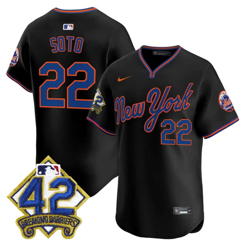 Men's New York Mets 2025 Jackie Robinson Patch Road Alternate Jersey BLACK #22 JUAN SOTO.webp