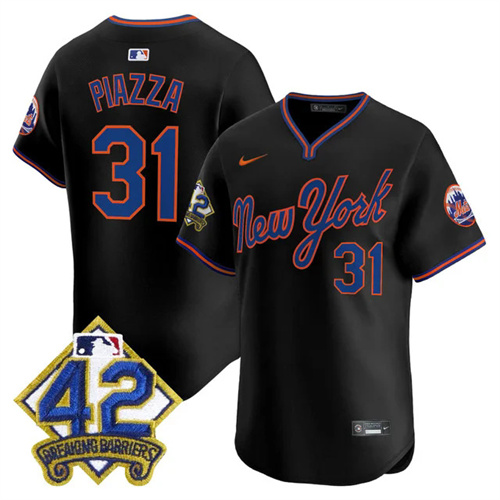 Men's New York Mets 2025 Jackie Robinson Patch Road Alternate Jersey BLACK #31 MIKE PIAZZA.webp