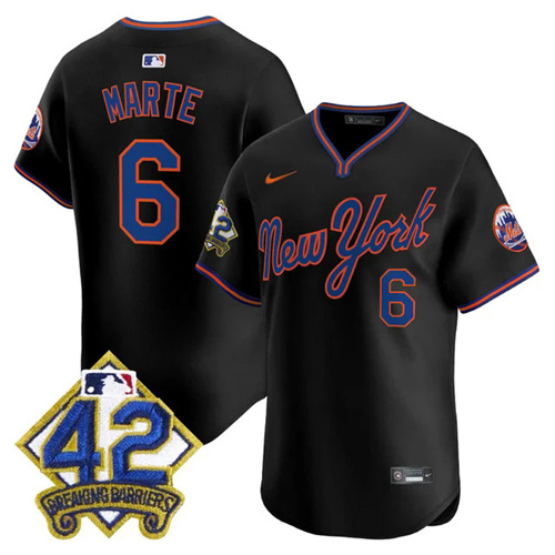 Men's New York Mets 2025 Jackie Robinson Patch Road Alternate Jersey BLACK #6 STARLING MARTE.webp