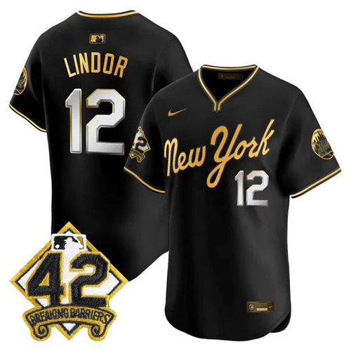 Men's New York Mets 2025 Jackie Robinson Patch Road Alternate Jersey BLACKGOLD #12 FRANCISCO LINDOR.webp
