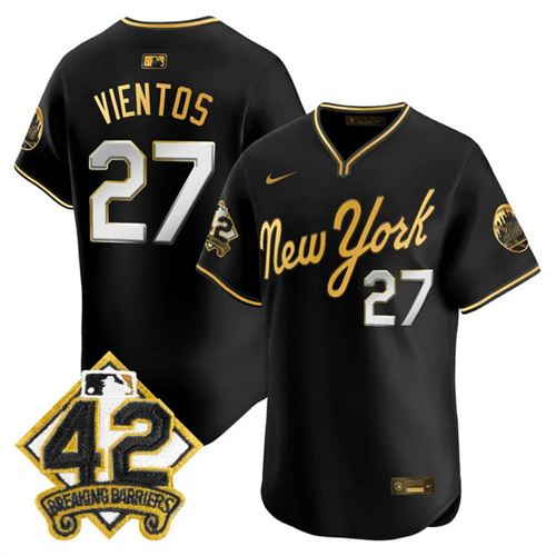 Men's New York Mets 2025 Jackie Robinson Patch Road Alternate Jersey BLACKGOLD #27 MARK VIENTOS.webp