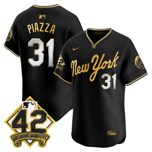 Men's New York Mets 2025 Jackie Robinson Patch Road Alternate Jersey BLACKGOLD #31 MIKE PIAZZA.webp