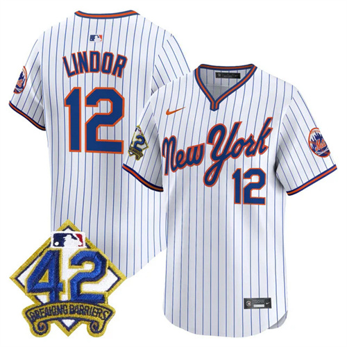 Men's New York Mets 2025 Jackie Robinson Patch Road Alternate Jersey PINSTRIPE #12 FRANCISCO LINDOR.webp